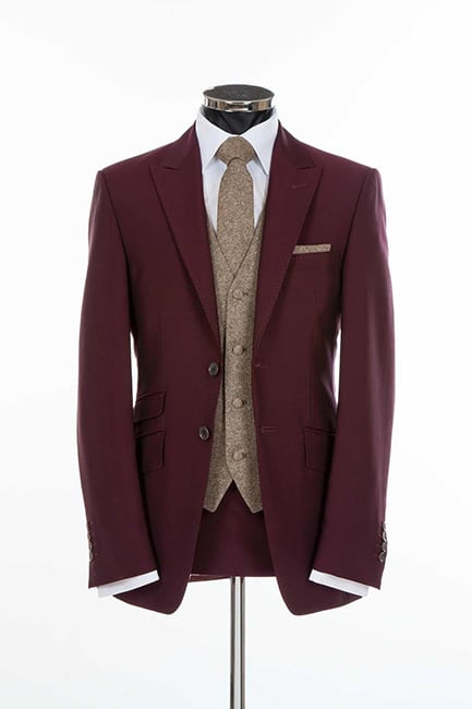 Burgundy Wedding Suit with tweed waistcoat