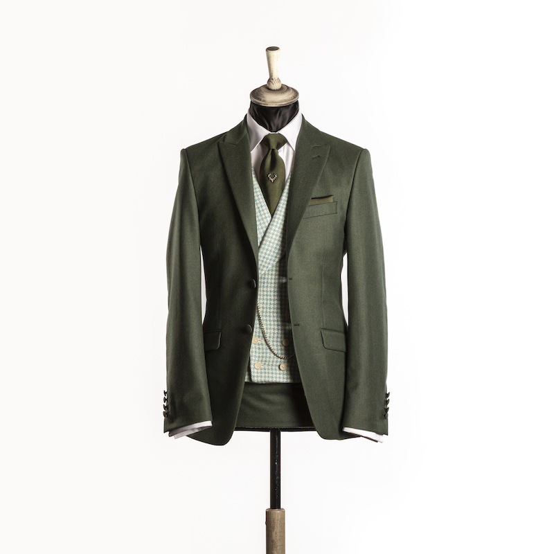 Sage Green Wedding suit with green houndstooth waistcoat 