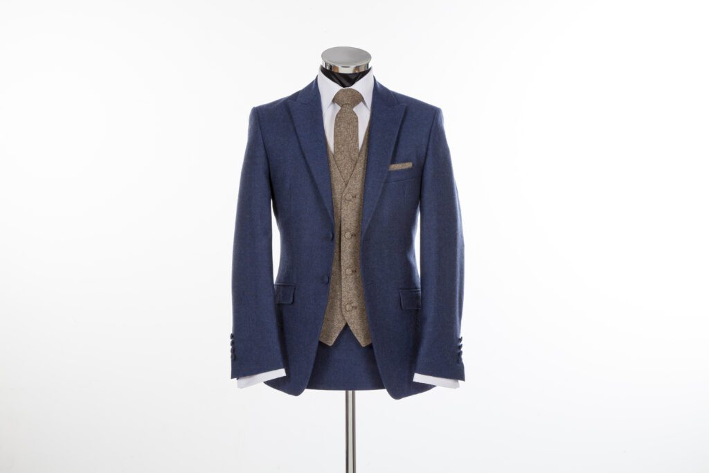 Blue Rustic Wedding Suit with tweed waistcoat for 2025