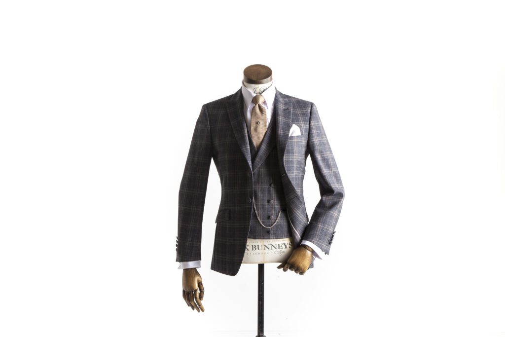 Grey Wedding Suit with a gold check and gold tie